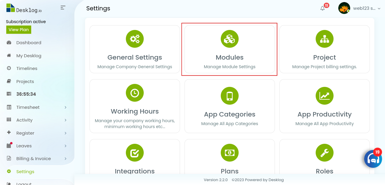 2. Select Modules from Settings