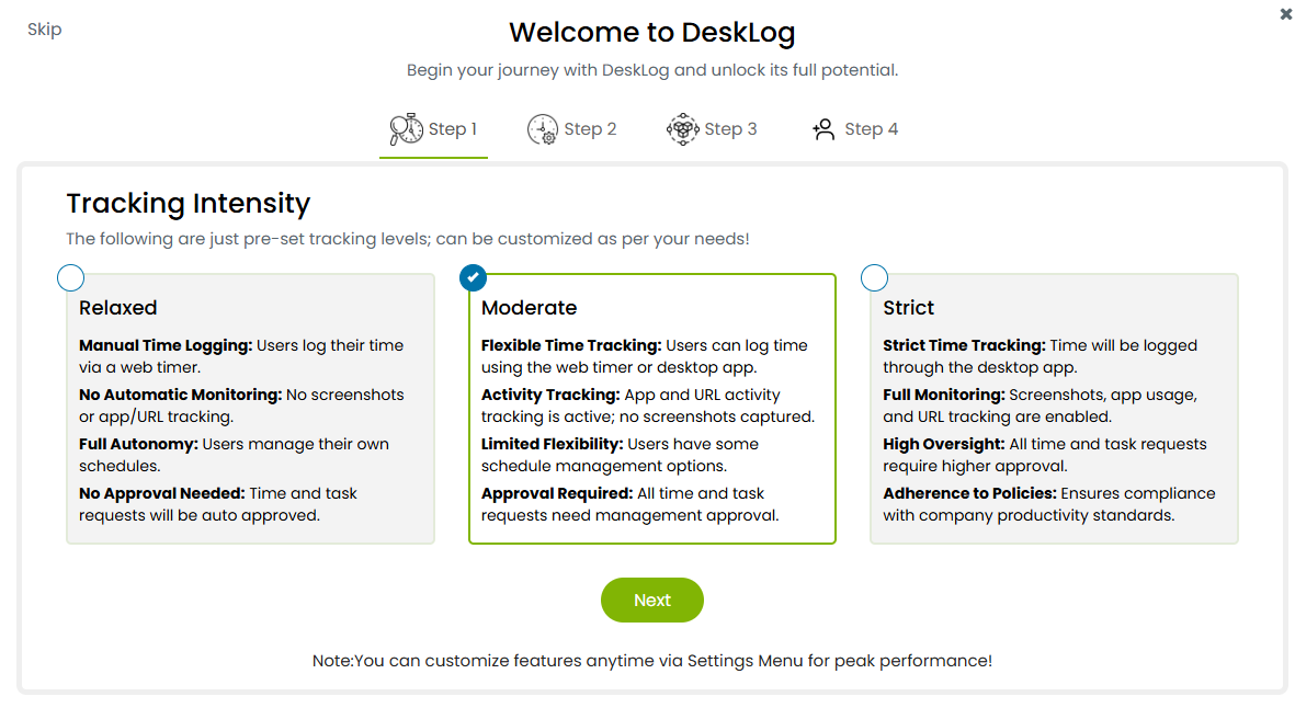 Desklog Track Intensity levels