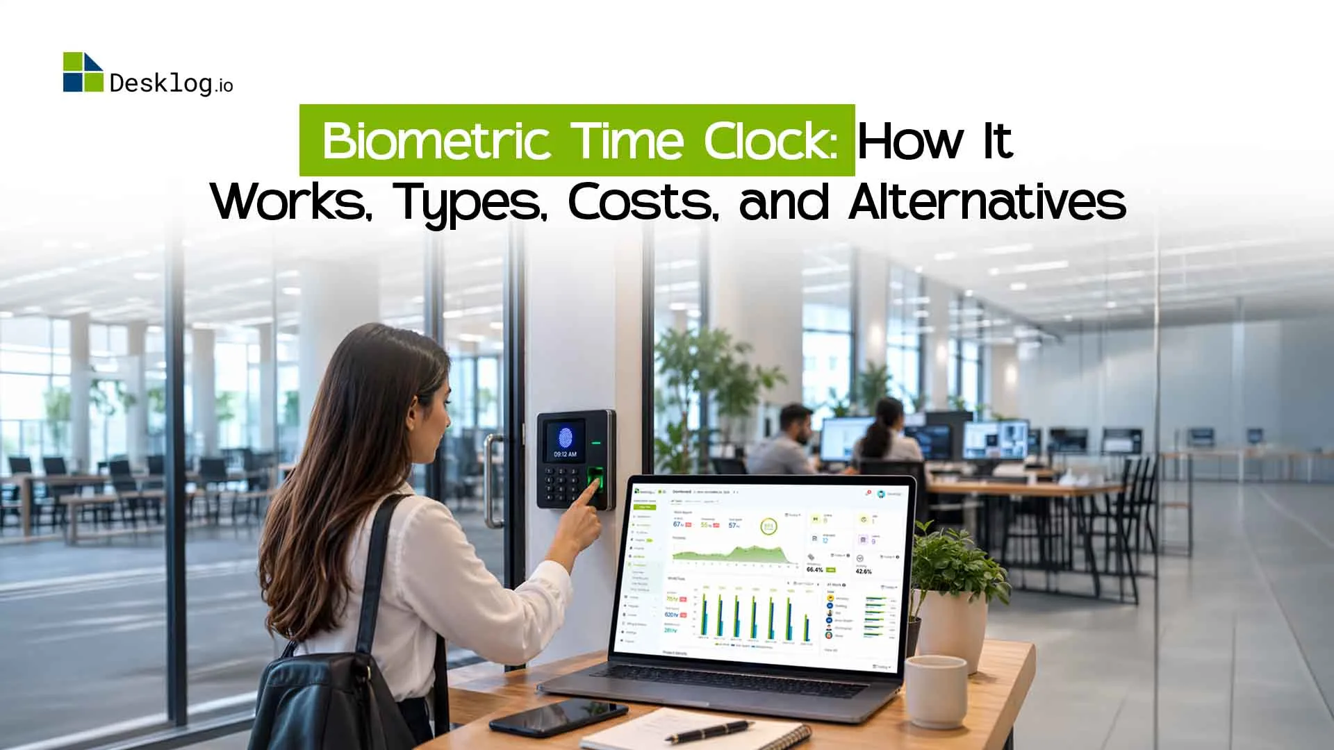 Employee using a biometric time clock while viewing Desklog time tracking software on a laptop in a modern office.