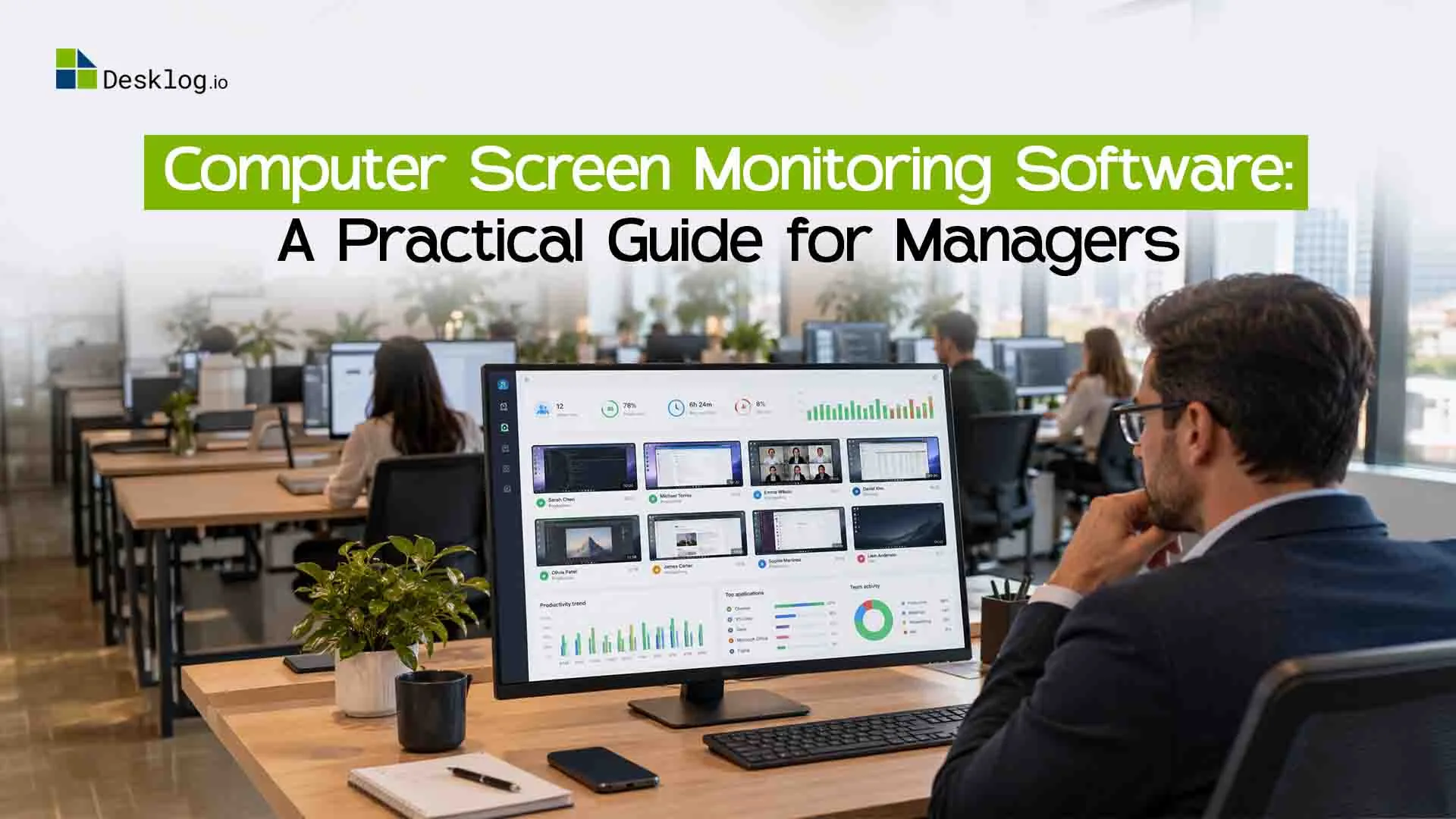 Computer screen monitoring software dashboard displaying employee screen activity and productivity analytics in an office.