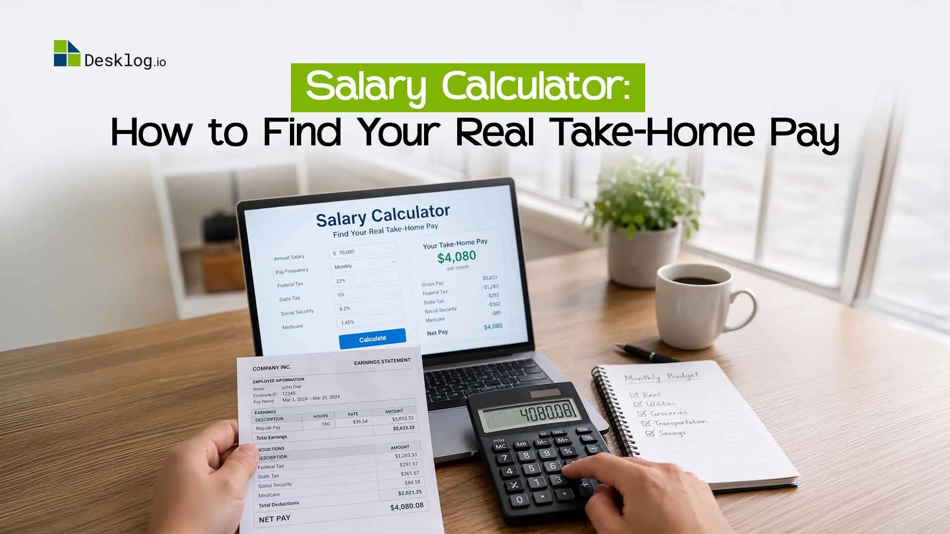 Person reviewing a payslip and using a calculator beside a laptop displaying a salary calculator to estimate take-home pay.