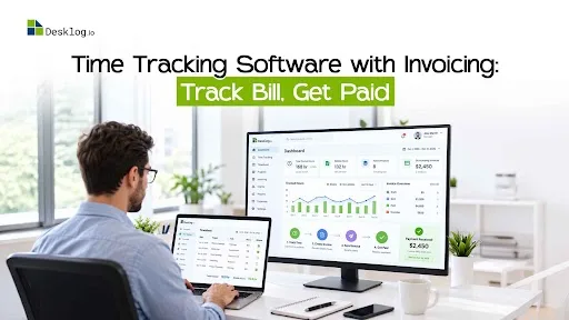 Person viewing a Desklog time tracking and invoicing dashboard with billable hours, invoice statuses, and payment summaries.
