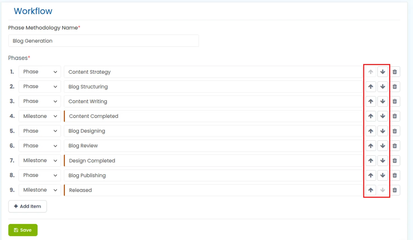 Reordering phases and milestones in the workflow builder