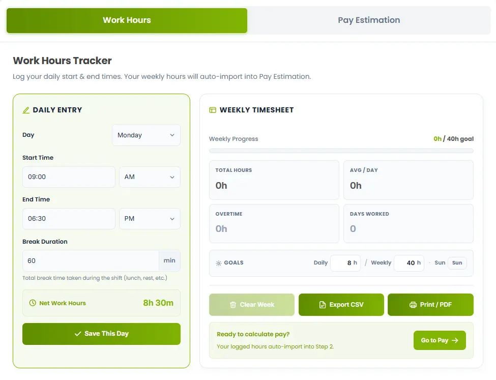 Daily Work Hours Calculator Interface