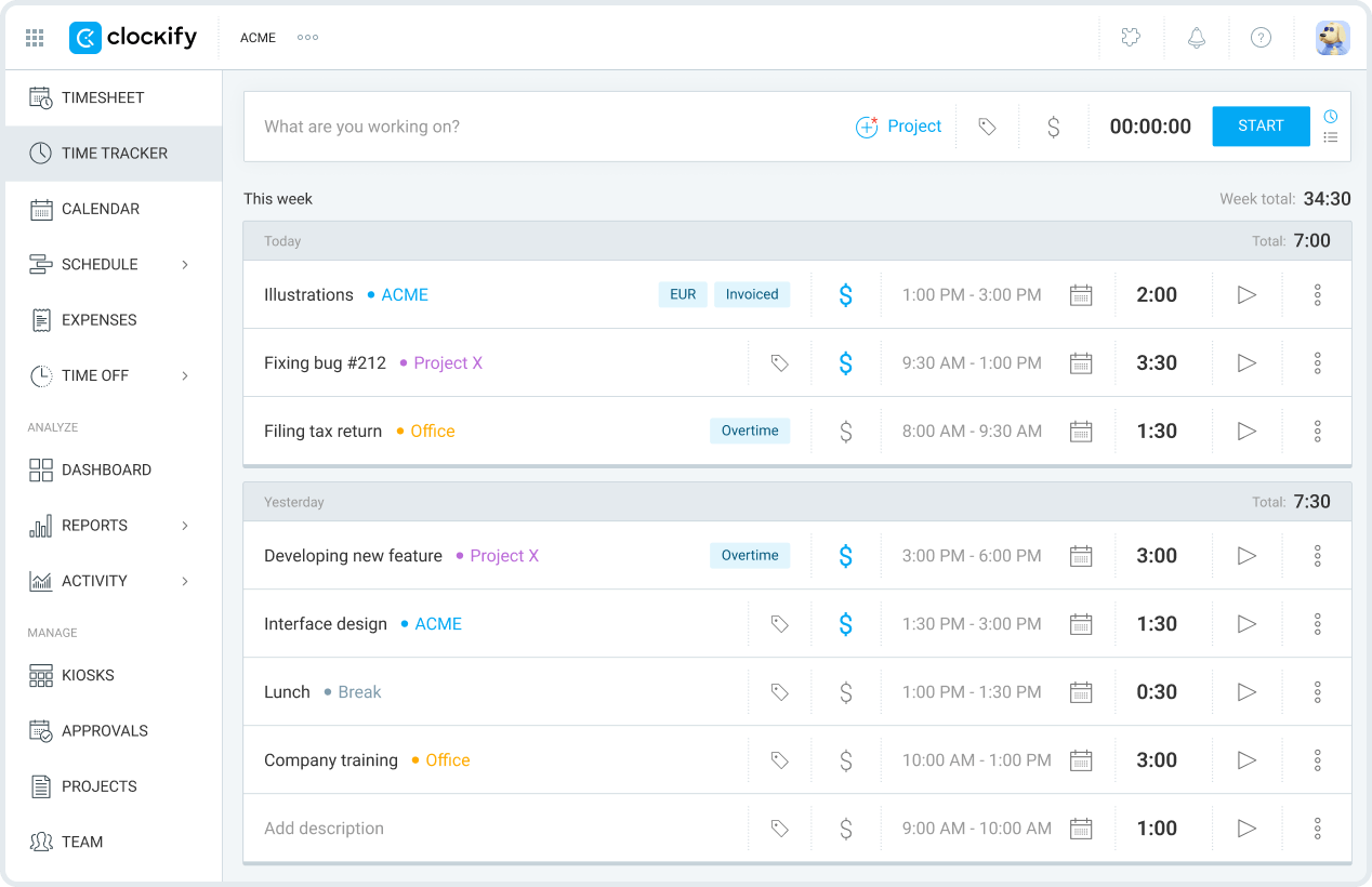 Clockify Dashboard