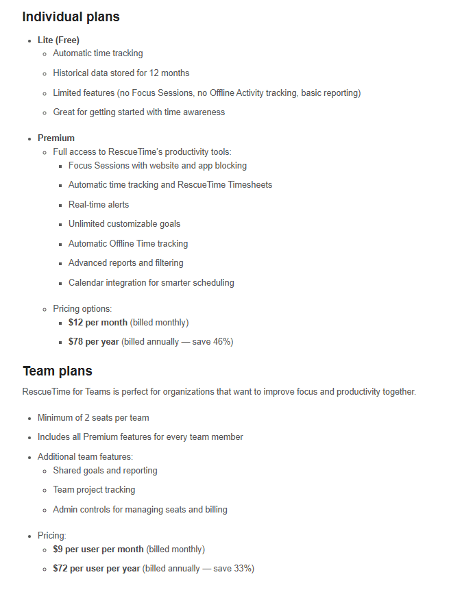 RescueTime Pricing
