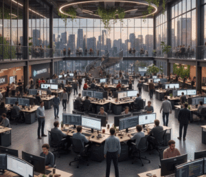 Large modern office space representing the 600-person IT firm that successfully implemented Desklog’s privacy-first time tracking software.