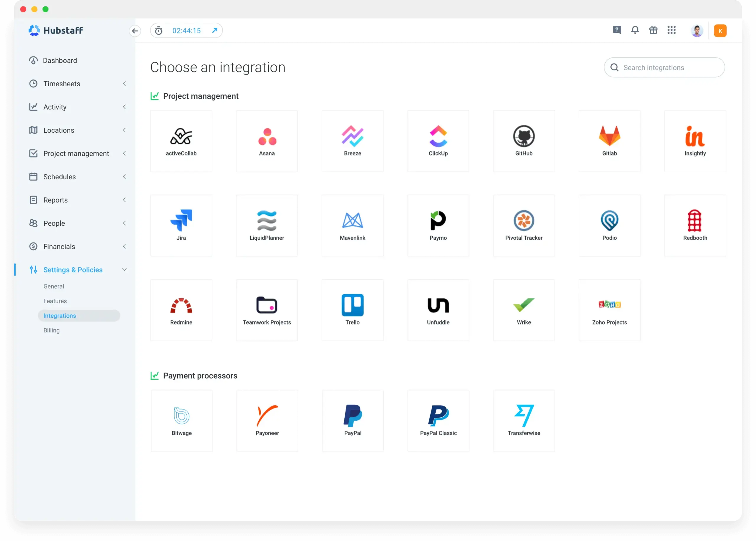 Hubstaff Integrations Page