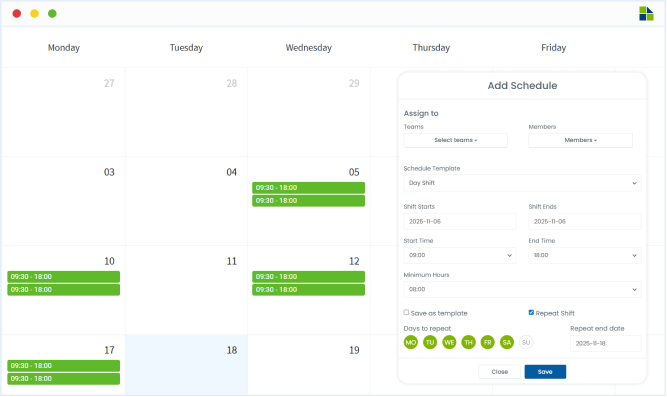 Shift Management interface showing employee schedules and seamless team handovers