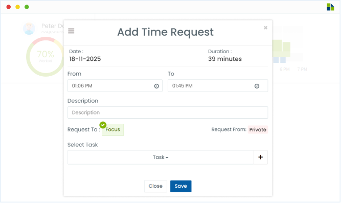 Time Request feature converting idle or offline time into productive hours with admin approval for accountability