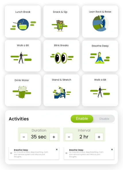 Dashboard showing workplace wellness tools for balanced schedules and breaks